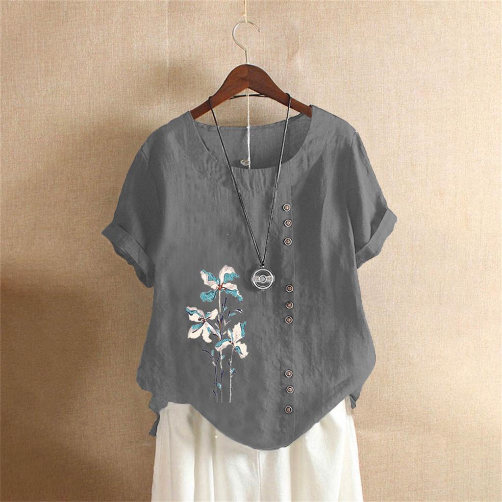 Women Cotton Linen Floral Boho Tops T Shirt Summer Short Sleeve Loose Blouse Tee Clothing