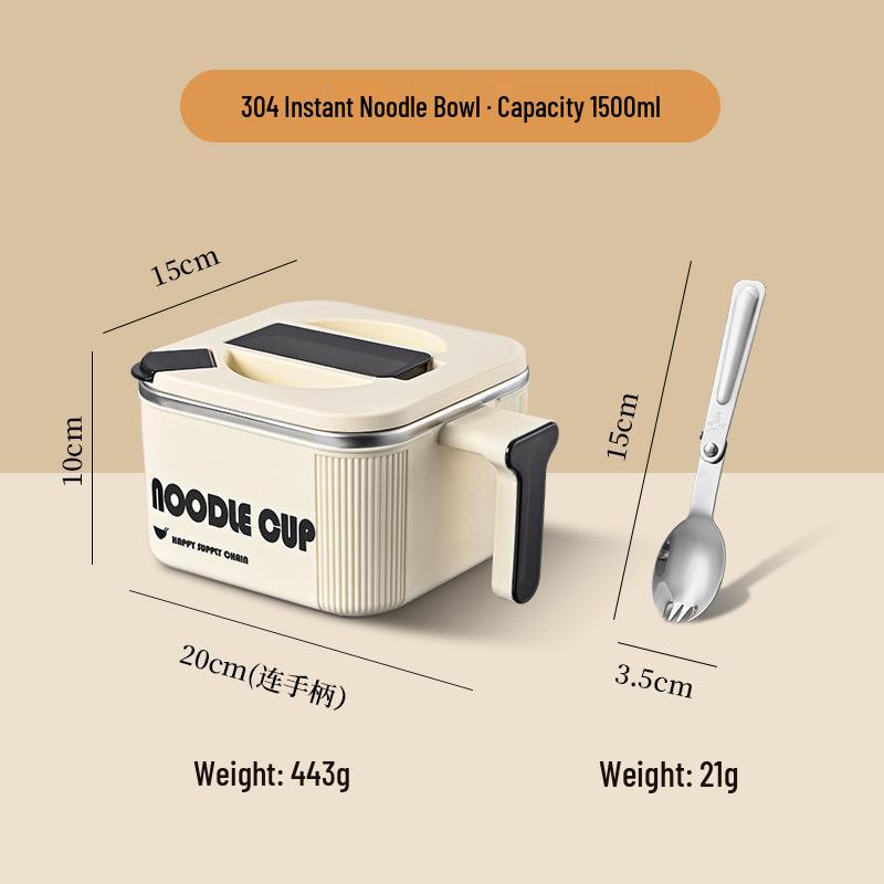Large Capacity 304 Stainless Steel Instant Noodle Bowl with Lid and Spoon Set for Dorm Use