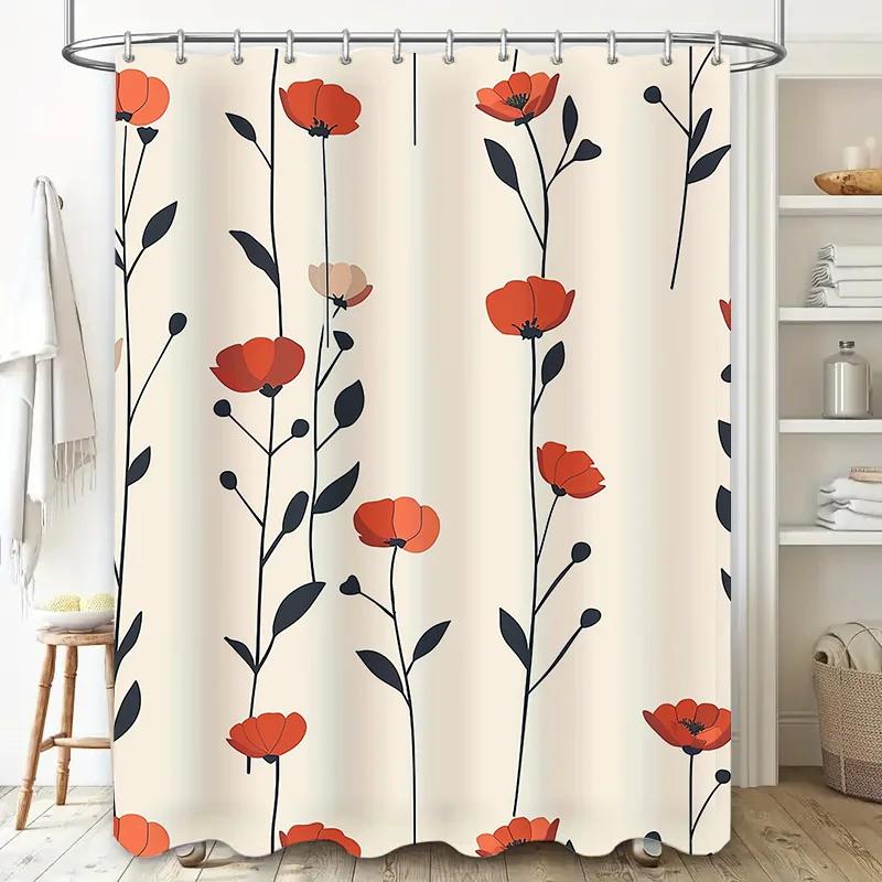 Modern Poppy Shower Curtain Orange Floral Design for Bathroom Decor Waterproof Fabric Bath Rug Set with Hooks.
