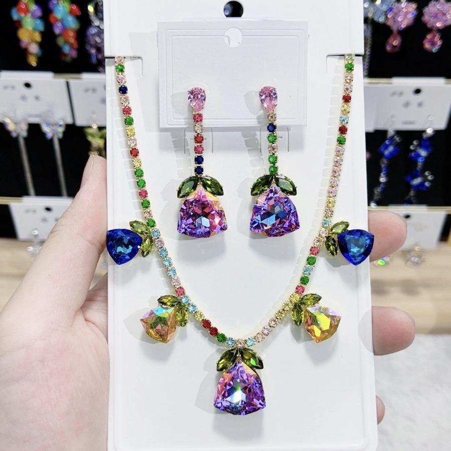 3pcs Bohemia Rainbow Cubic Zirconia Flower Jewelry Set Dainty Pendant Stud Earrings Plated Everyday Stacking Jewelry