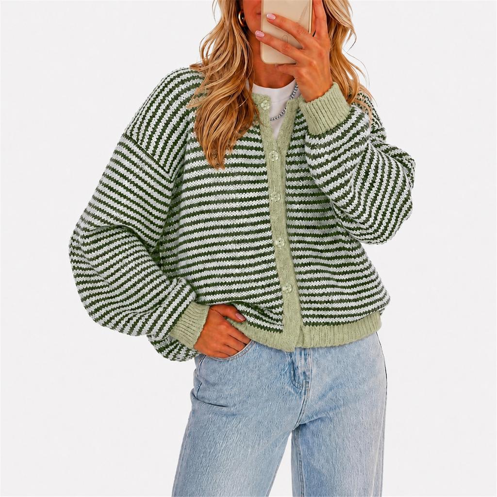 Casual Striped Button Cardigan Knitted Top Sweater