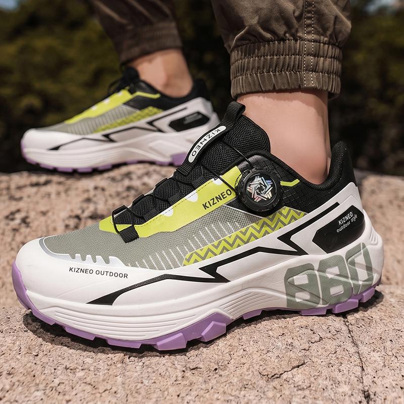 Men Rotary Buckle Hiking Sneakers Breathable Mesh Anti Slip Lug Sole Shock Absorb Outdoor Trekking Sports Shoes