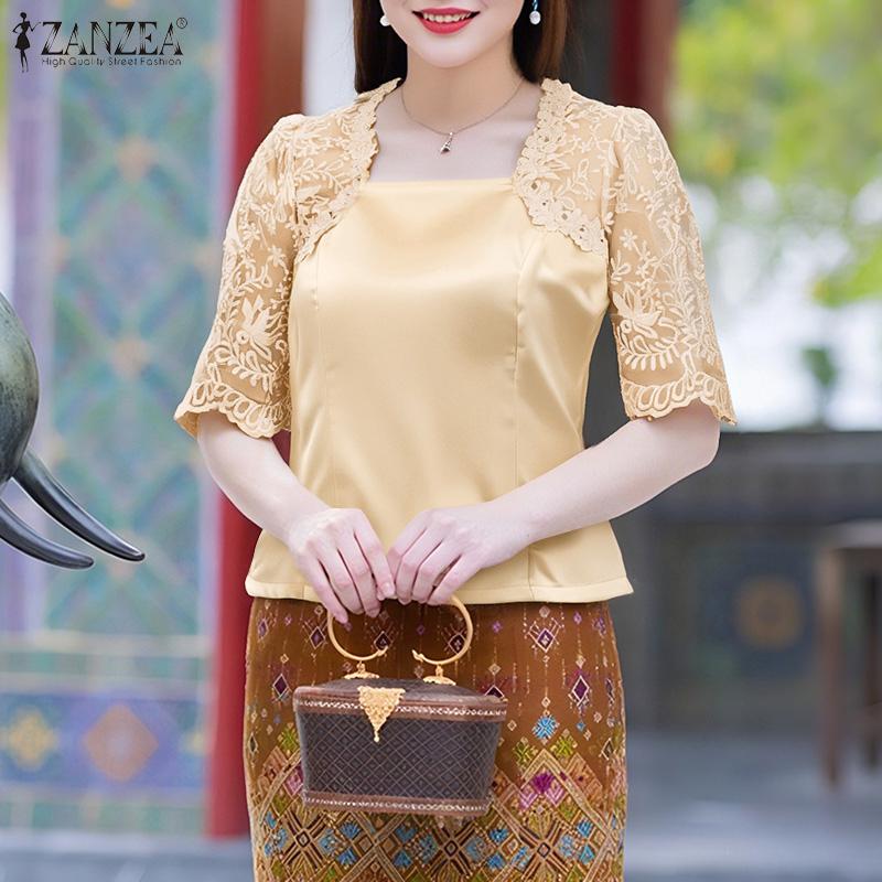 ZANZEA Women Square Neck Casual Lace Splice Half Sleeve Satin Blouse