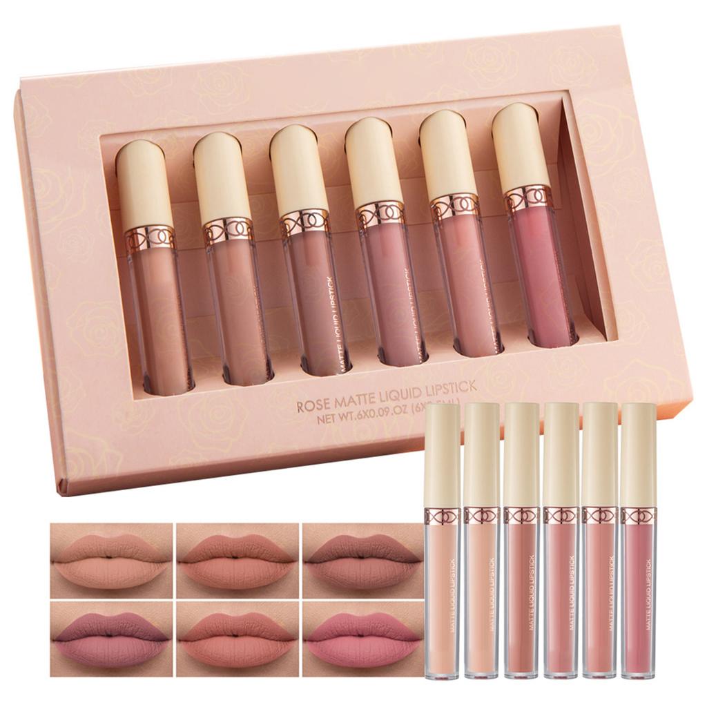 HANDAIYAN 6Pcs Rose Matte Liquid Lipstick Set Waterproof Non Stick Long Lasting Lip Gloss Lip Makeup