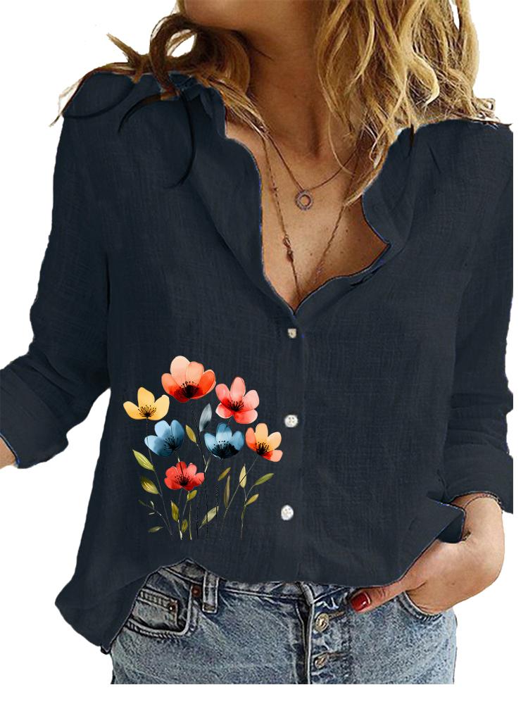 Women Fashion Cotton Linen Blouse Ladies Casual Loose Top Ladies Print Long Sleeve Shirt