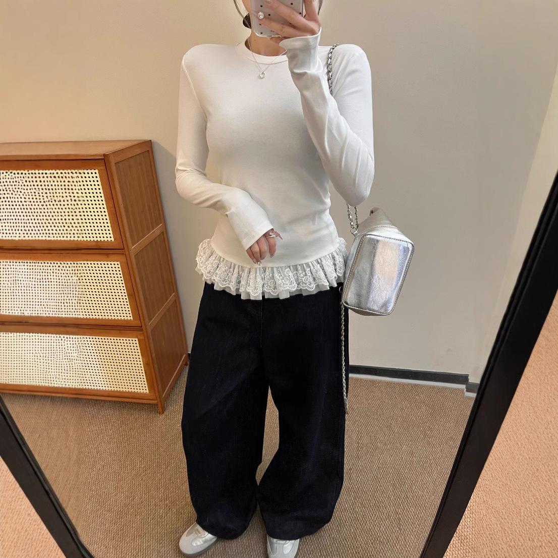 

Однотонная футболка с кружевом на подоле в балетном стиле, с круглым вырезом и длинными рукавами, для женщин на весну и лето, средней длины, для ношения под верхнюю одежду. XL белый