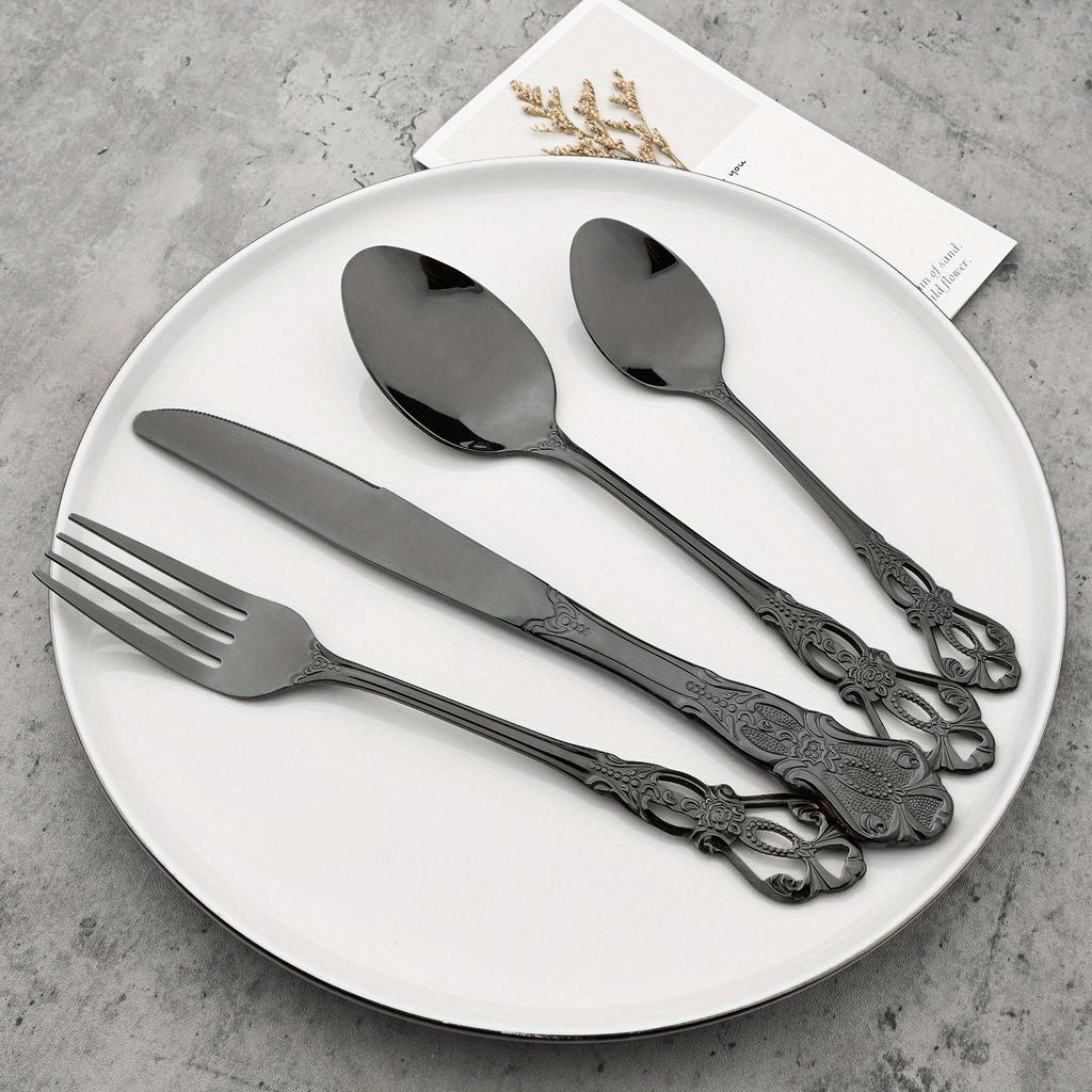 24pcs Mirror Polished Stainless Steel Cutlery Set, Crown Court Style Tableware, Vintage Shape Kitchen Restaurant Silverware