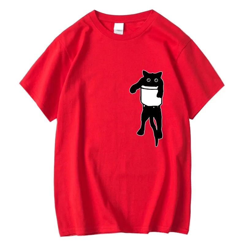 Men's High Quality T-shirt 100% Cotton Funny Pocket Cat Print Summer Loose Cool O-neck T Shirt for Men Short Sleeve Male Tees