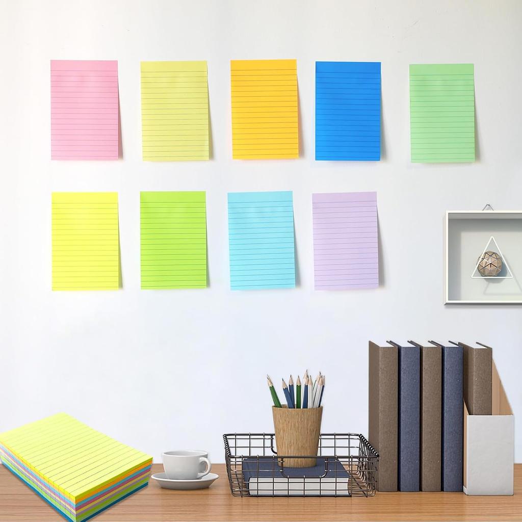 9 Pack Lined Sticky Notes 4X6 in Post, 9 Pastel Colors Large Ruled Post Sticky Colorful Super Sticking Power Memo Pads Strong Adhesive, Sticky Notes