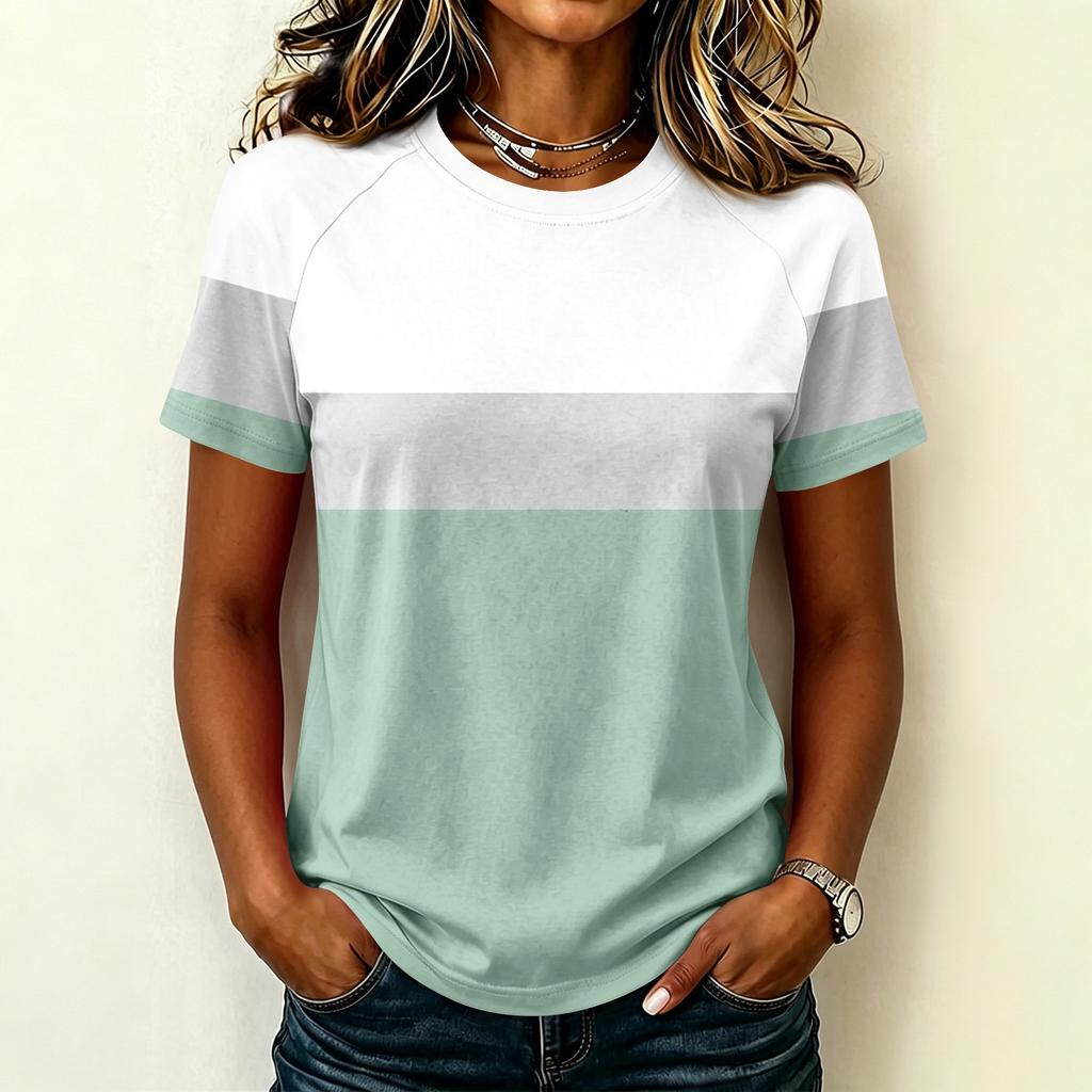Women's Fashion Raglan Sleeve Crew Neck Casual Colorblock Print Short Sleeve Top Lightweight Soft Fabric Comfortable Fit