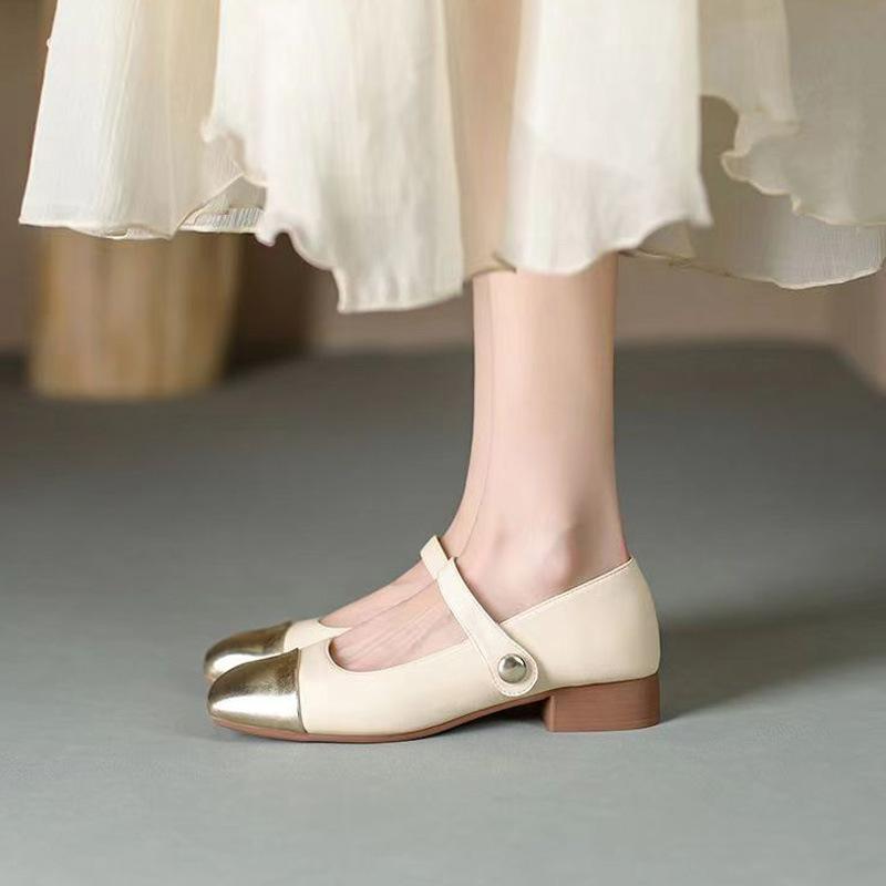 Single Shoes Women's Spring and Autumn Light Mouth Soft Sole Thick Heel Low Heel Word with French Small Fragrant Style Color Matching Small Leat