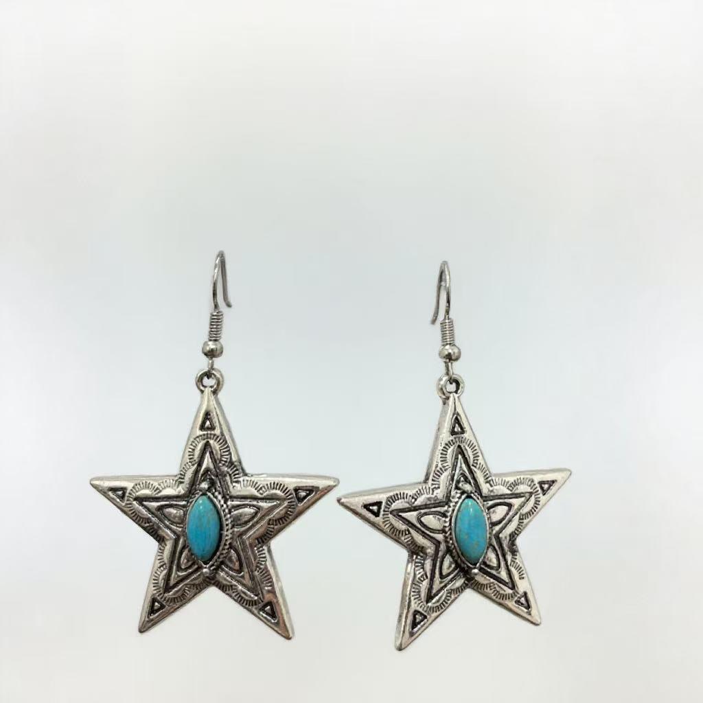 

Turquoise Tribal Carved Starfish Earrings, Antique Silver-Plated Zinc Alloy, Retro Style Jewelry.
