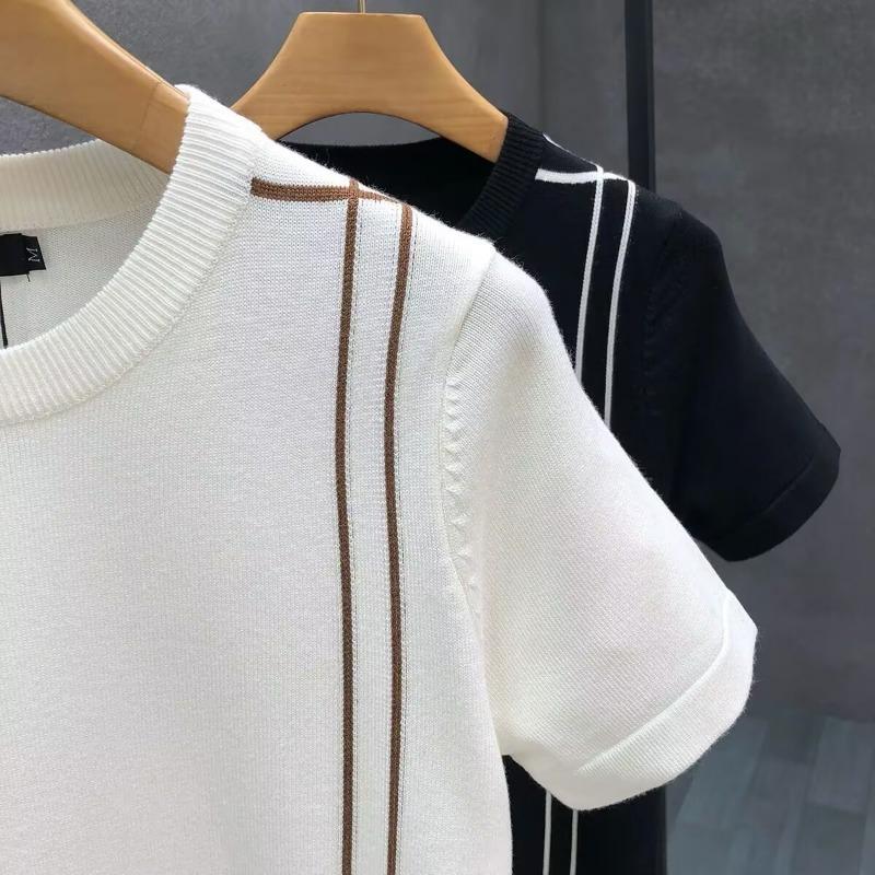 T-shirt Tricot Blanc Manches Courtes Homme avec Ligne Latérale Marron Détail Top Décontracté Coupe Ajustée