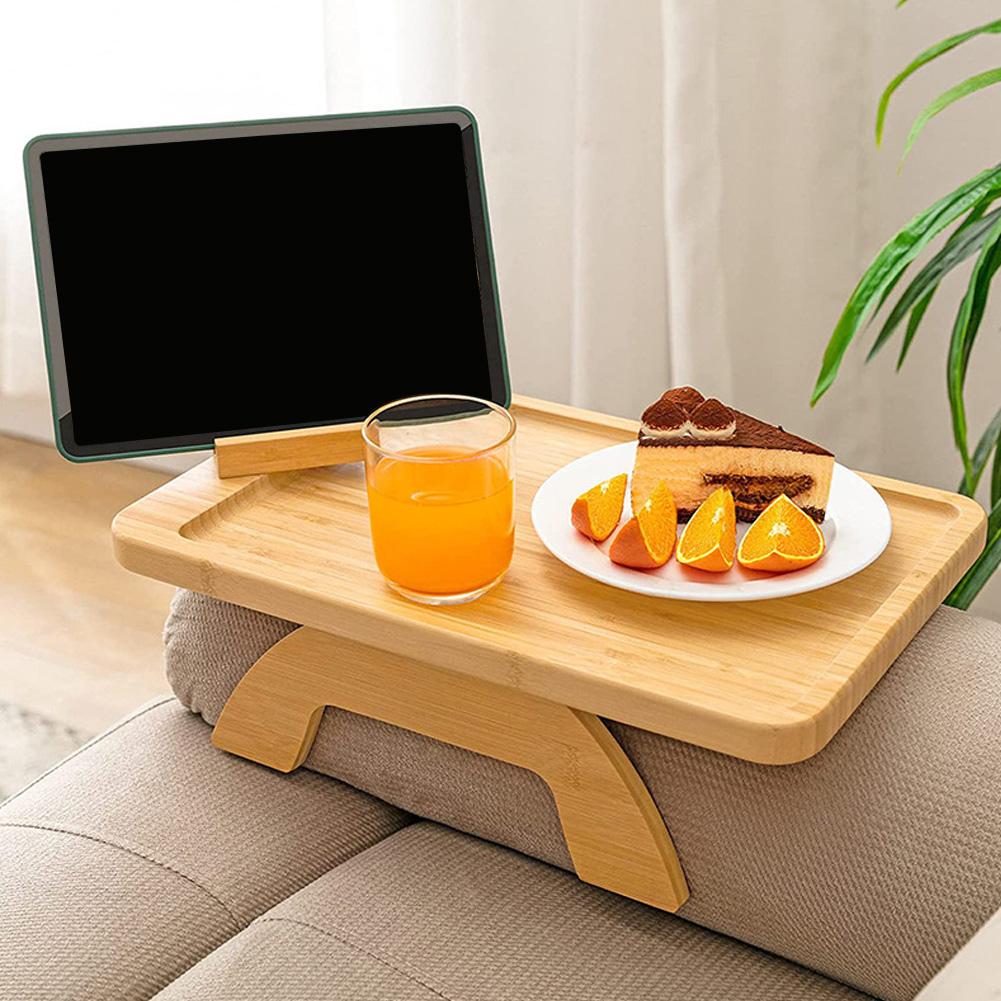 Wooden Sofa Arm Tray,Portable Armrest Table with Rotating Phone Stand for Breakfast,Multi-Purpose Sofa Fruit Snack Clip-On Tray