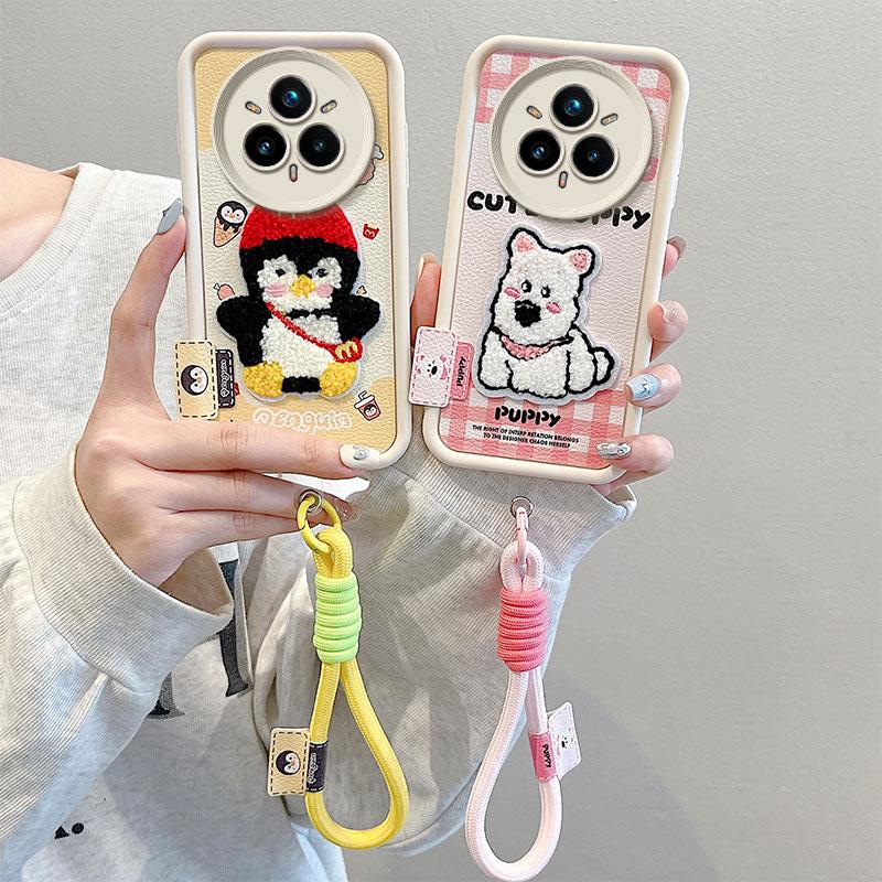 KEYSION Cartoon Cute Plush Embroidery Case for Realme 14 Pro+ 5G with Lanyard Shockproof Phone Cover for OPPO Realme 14 Pro 5G