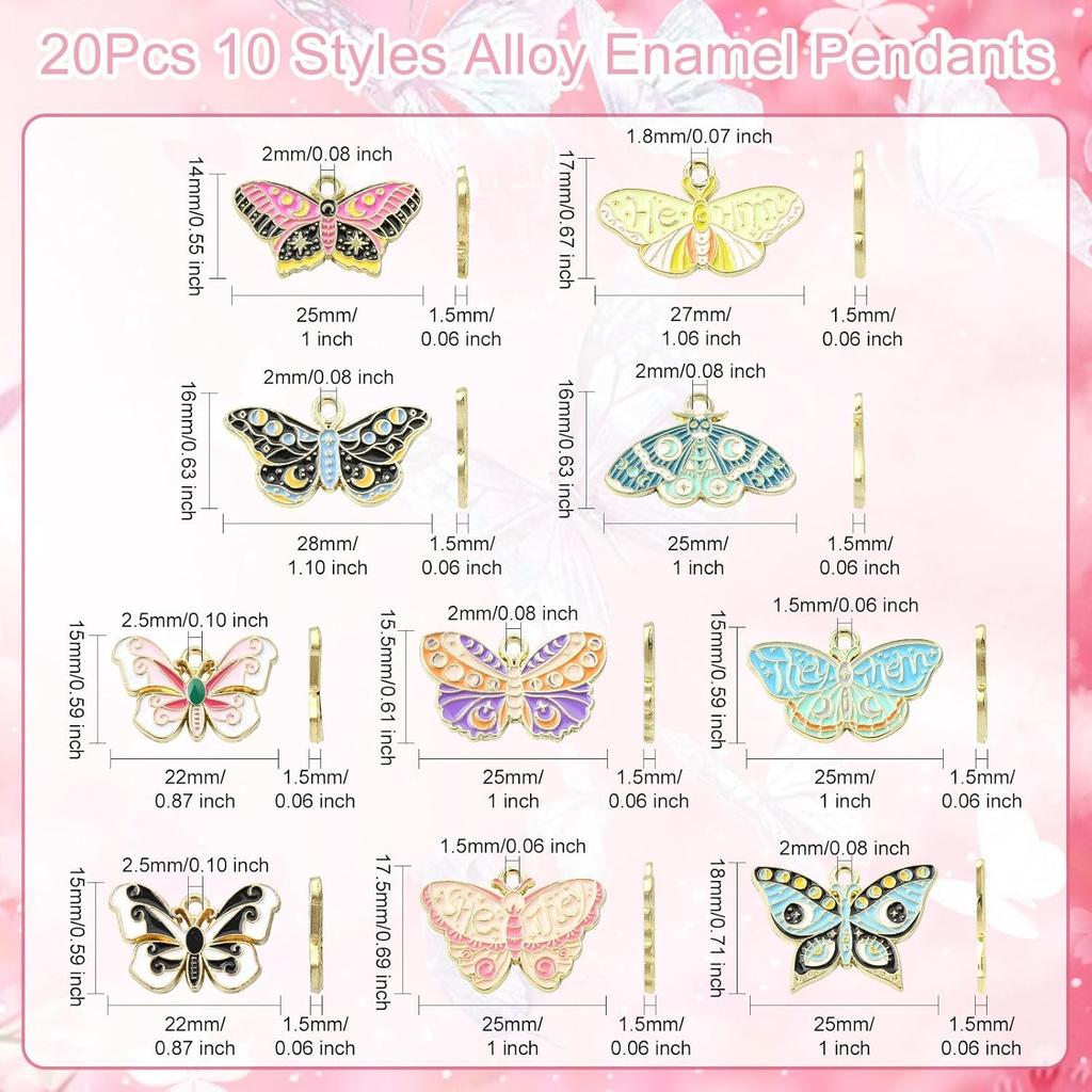 Ornazy 20 pcs 10 Styles Enamel Butterfly Charms Gothic Charms Halloween Moth Animal Insect Lucky Charms for Jewelry Making Keychains Earrings Women