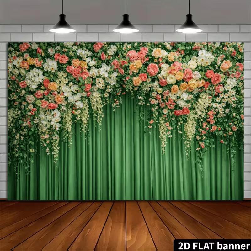 2D Elegant Floral Top Green Curtain Photography Background