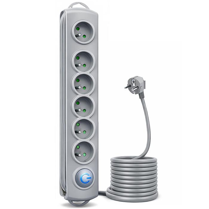 Qoltec Surge Protector Power Strip | 6 Sockets | 3m | Gray