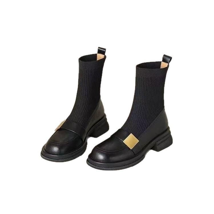 Knitted Elastic Thick Heel Thin Boots Women's 2025 Autumn and Winter New Loafers Short Boots Martin Boots Medium Heel Retro Socks Boots