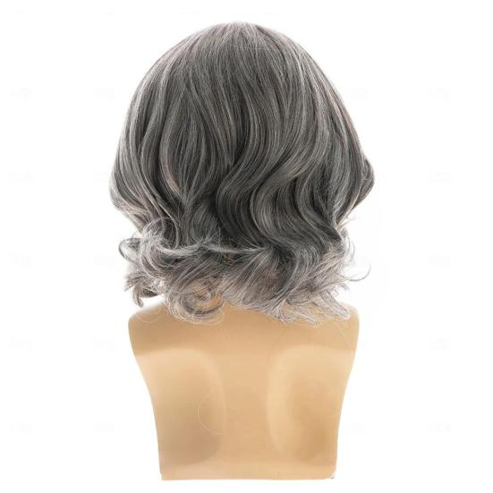 Short Curly Silver-gray Wig with Side Bangs Natural Looking Fluffy Halloween Costume Party Men Women Short