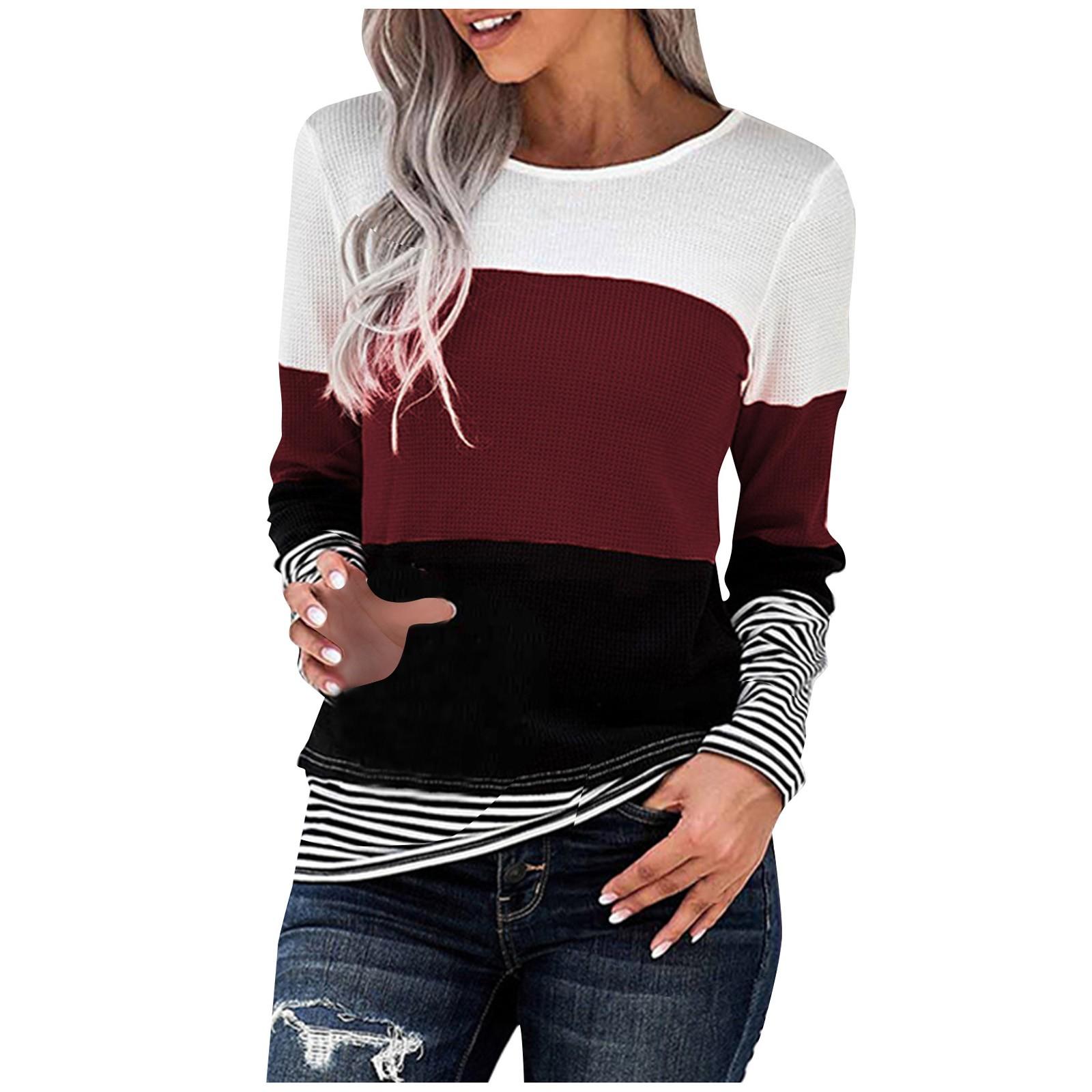 

Winter Women s Long-Sleeved Striped Stitching Sweatershirt Tops S красный