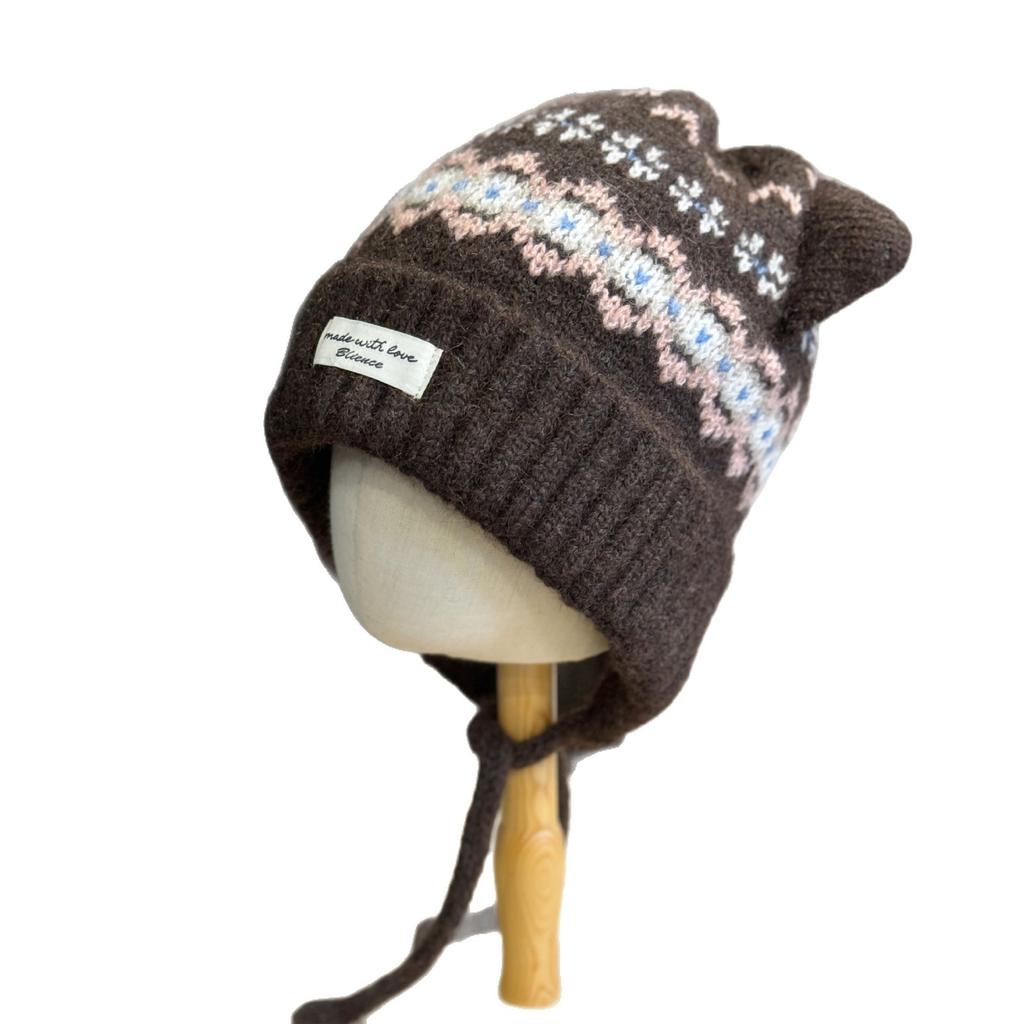 New Cute Cat Ears Plus Velvet Knitted Hat for Women in Autumn and Winter Thickened and Warm Ear Protecting Lei Feng Hat Showing Face Small Woolen Hat
