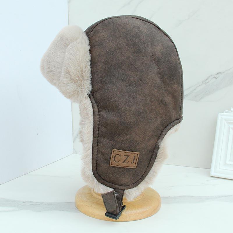 Lei Feng Hat Women's Autumn and Winter Thickened Plush Hat Delicate and Soft Pu Leather Ear Protectors Cycling Pilot Hat Men
