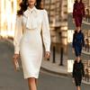 Amazon European and American Autumn Women's Clothing Fashion Temperament Bow Shirt Sleeve Solid Color Dress