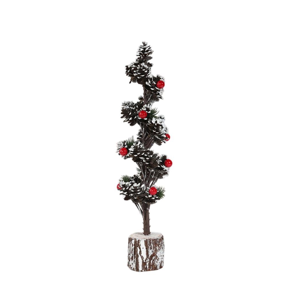Christmas Tree Green With Snow Small Desktop Ornaments Red Fruit Wooden Stake Potted Decorations
