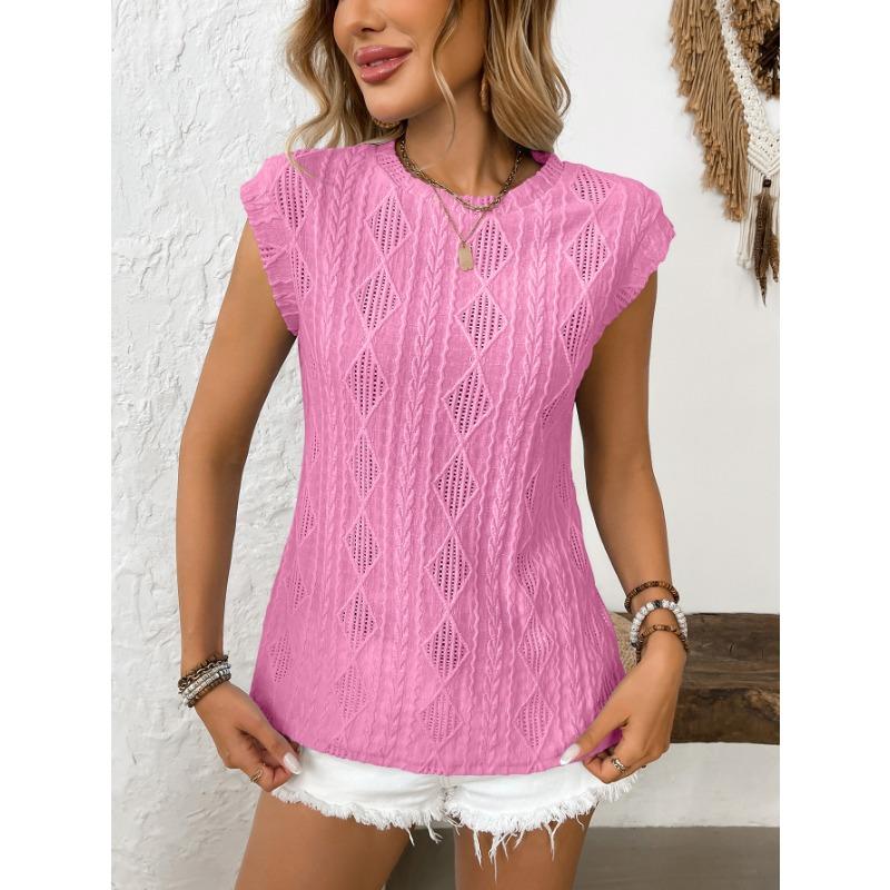 Summer New Women's Round Neck Jacquard Short-sleeved Loose T-shirt Vest for Women