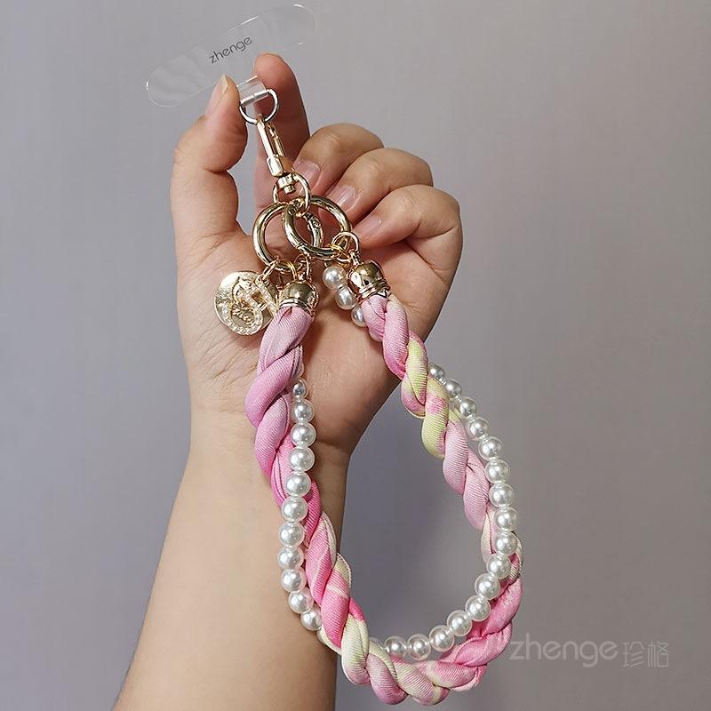 

Fashion pearl silk scarf mobile phone lanyard ins wind women s wrist rope short strong and durable outdoor travel [pink]