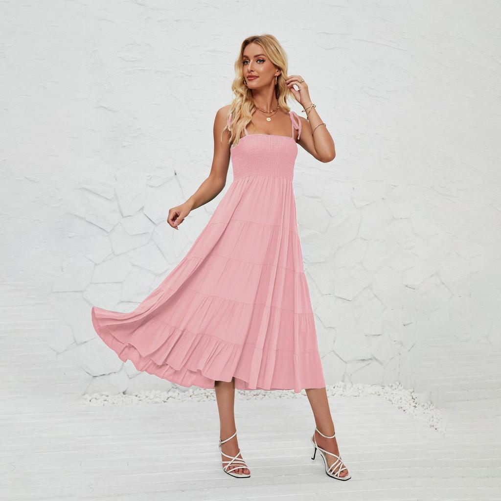 Summer Women's Sleeveless Halter Solid Square Neck Pleated Knee-Length Dress