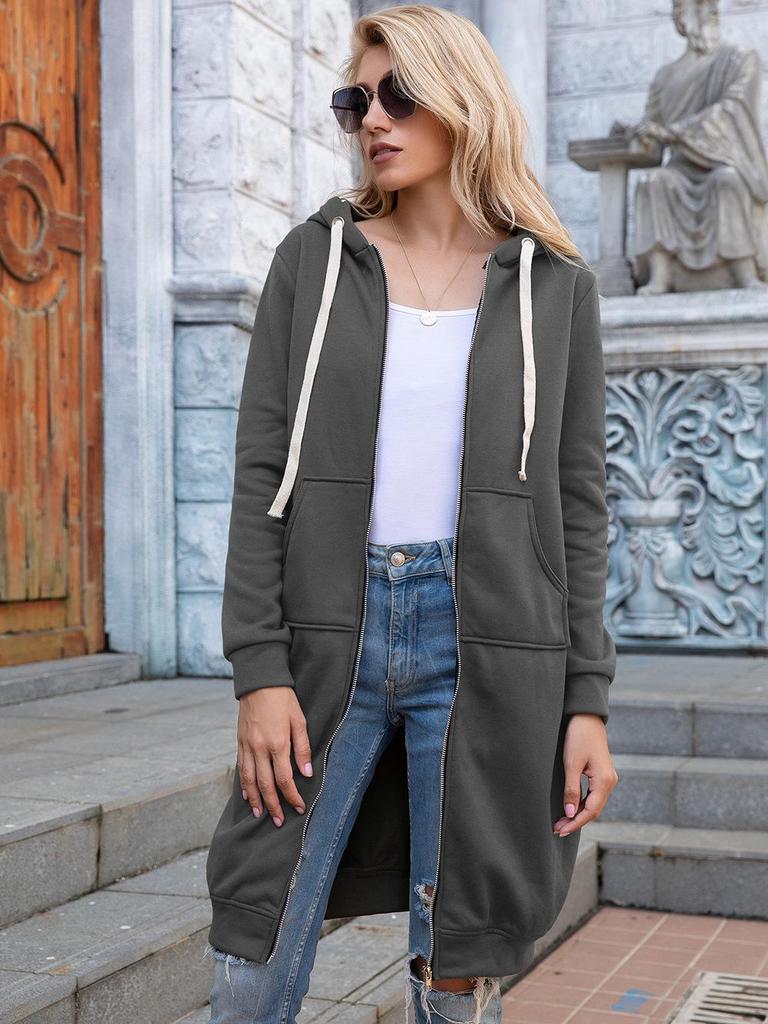 2023 Autumn/Winter Women's Casual Hooded Mid-Length Loose Plain Sweatshirt