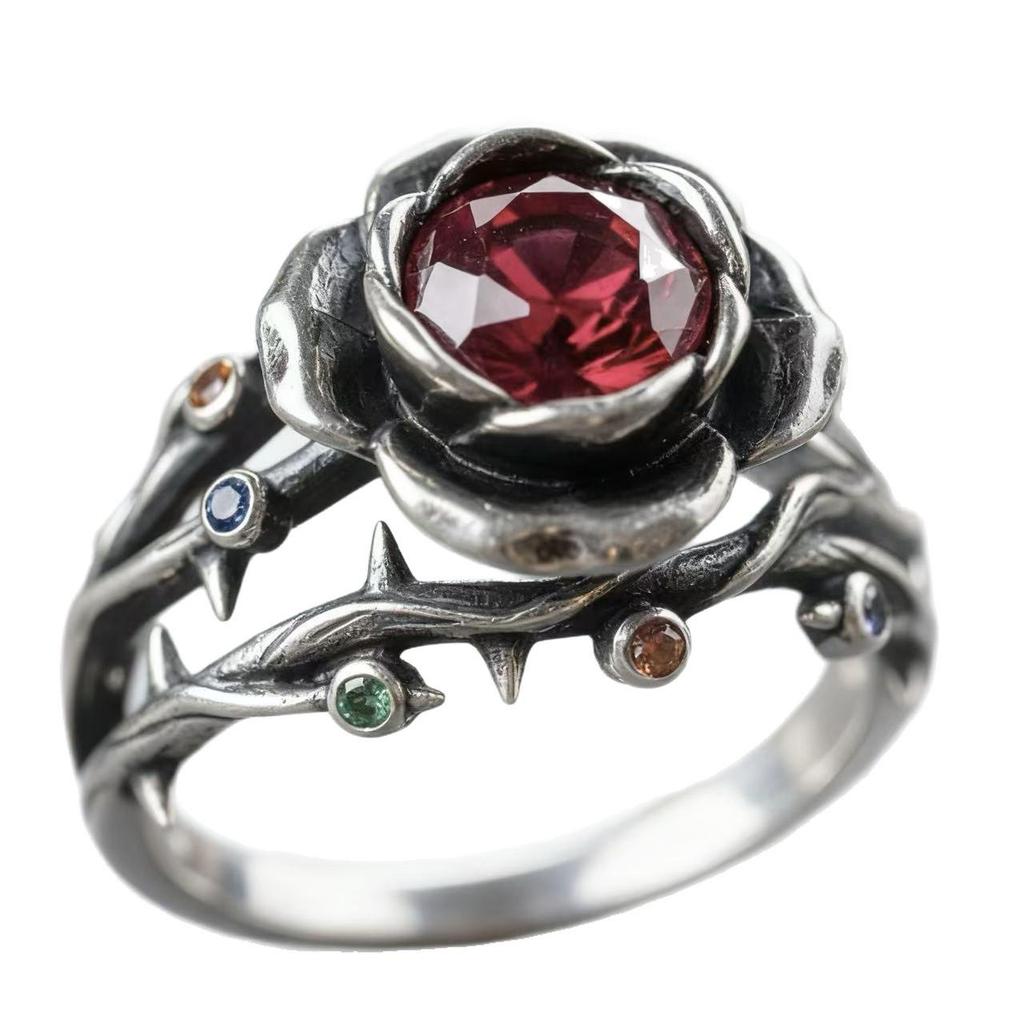 Anello Eco-friendly 2025 in Lega di Diamante con Spina di Rosa Rossa – Stile Retro Europeo/Americano per Donne