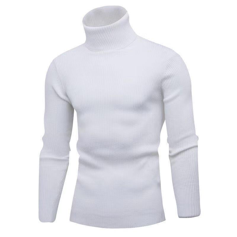 Men's Solid Color High Neck Slim Fit Striped Knit Sweater