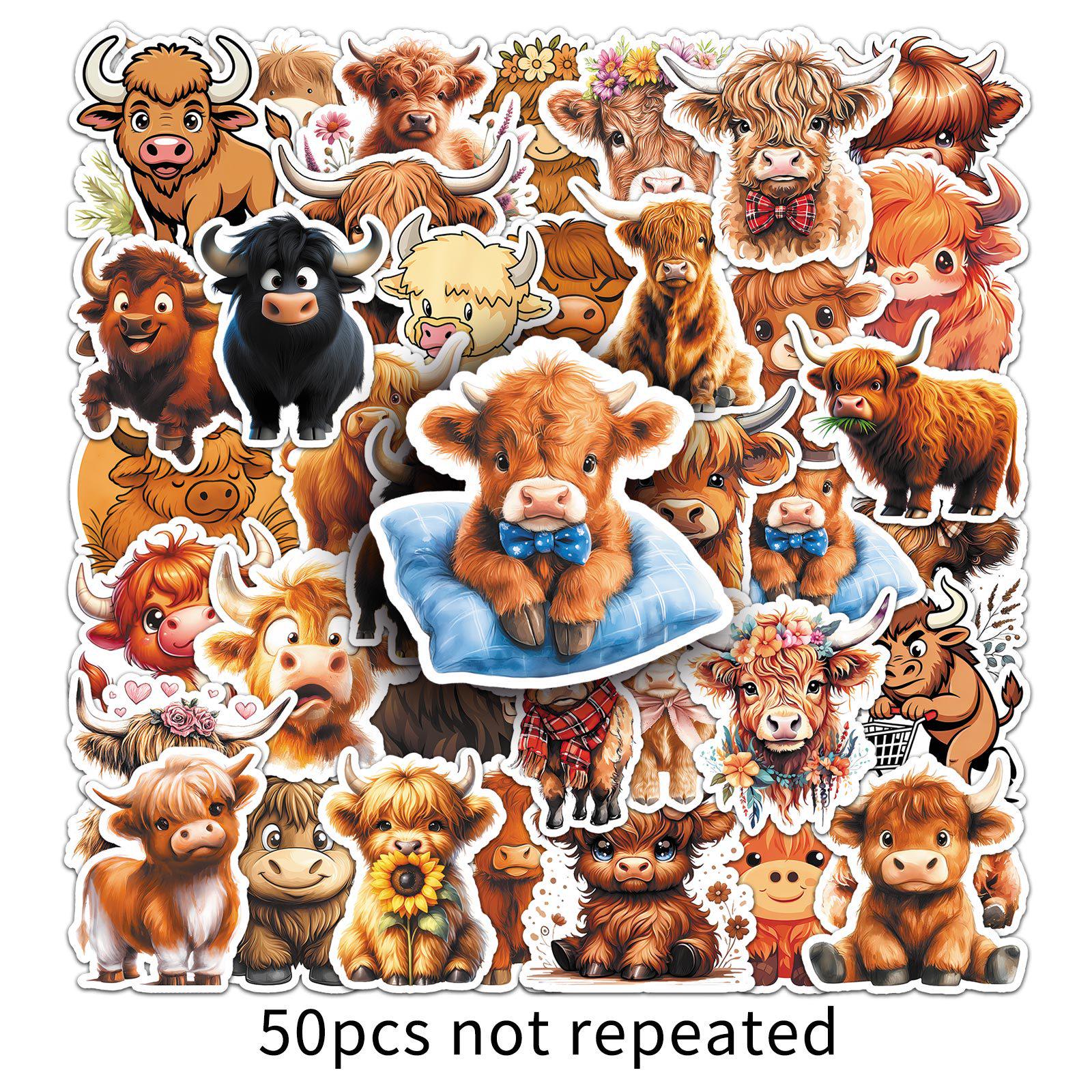 50 Cartoon Highland Cattle Stickers - High Quality, Creative Decor for Notebooks & Water Cups