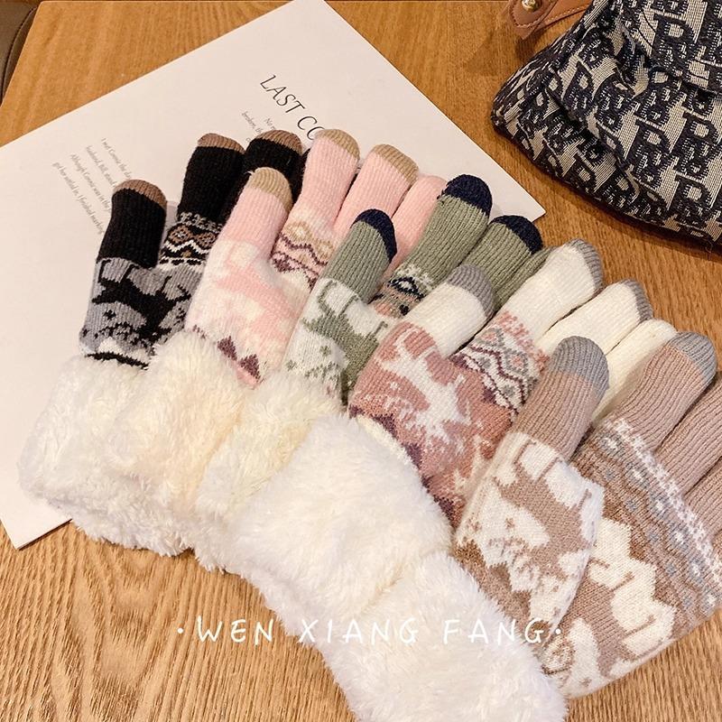 Gloves for Women In Winter Cute Deer Five Fingers Plus Plush Bike Versatile Student Warmth Thickened Touch Screen