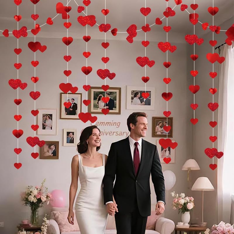 2pcs total 8m Red Heart Garland Hang Love Streamer Glitter Heart Backdrop for Wedding Engagement Valentines Party Decor