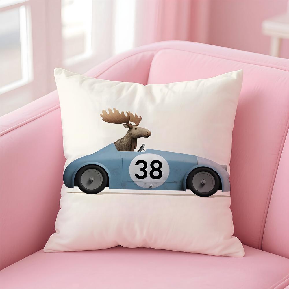 Funny Cartoon Animals Car Art Cushion Cover Linen Pillowcase Cover Soft Decor for Sofa Home Room