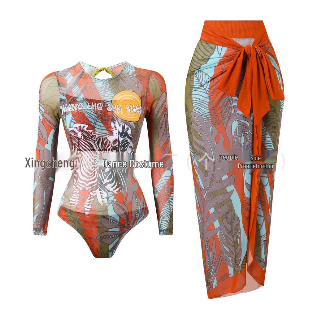 Women's Long Sleeve Mesh Sun Protection One-Piece Swimsuit with Skirt
