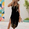 Women Plus Size Sleeveless U Neck Printed Light Purple High Side Slit Midi Dress