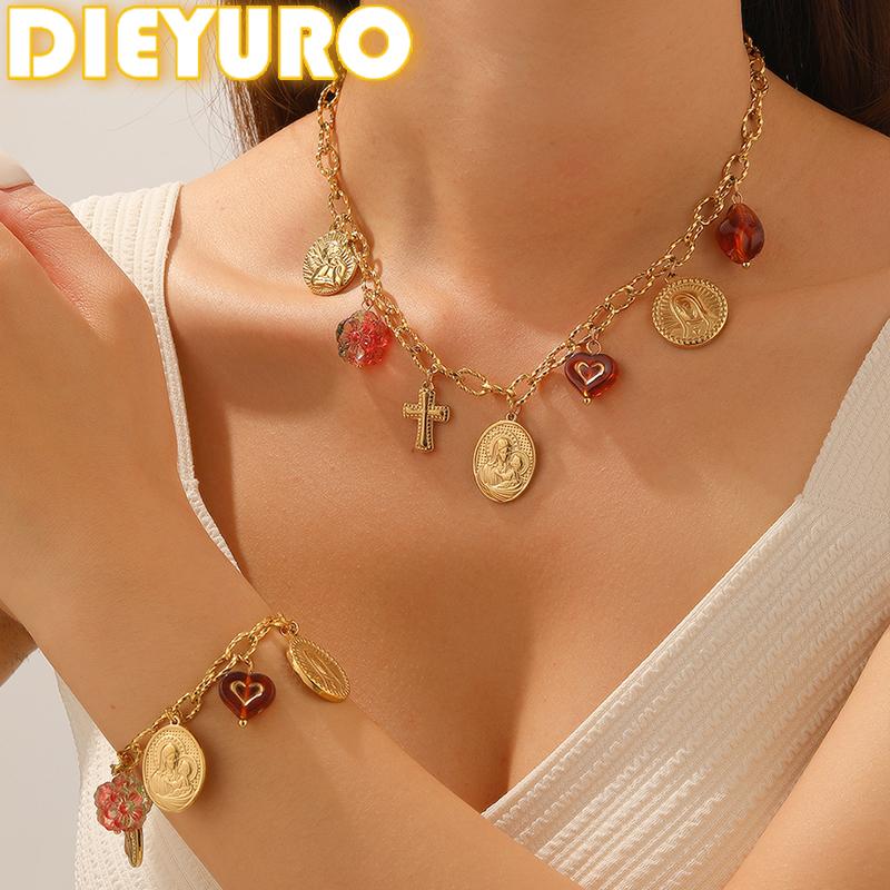 DIEYURO 316l Stainless Steel Vintage Portrait Angel Cross Flower Heart Charm Necklace Bracelet Set Lady Fashion Jewelry Gift