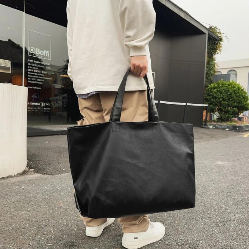 PU Black Zipper Large Capacity Handbag Lightweight Soft Leather Shoulder Bag Unisex Simple Fashionable Versatile Tote Bags
