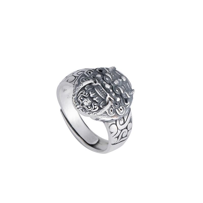Adjustable Ring With Mythical Qilin Lion Head Design Copper Silver-Plated Retro Mens Jewelry Fantasy Lovers