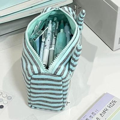 INS Mint Green Stripe Pencil Case Large Capacity Devil Horn Pen Bag with Transparent Pocket Stationery Bag Students