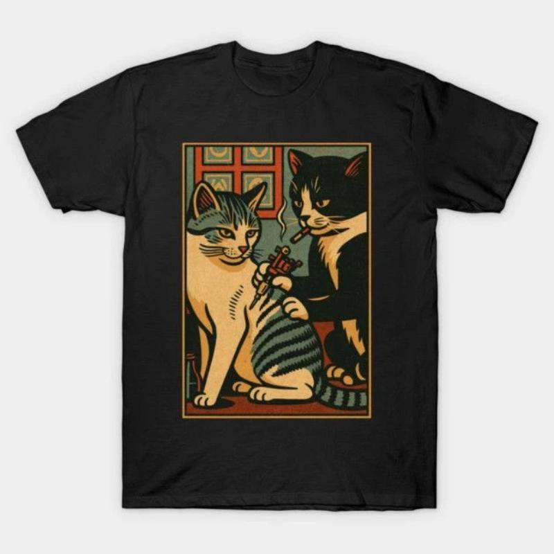 Retro Cat Graphic Print Tshirts for Women Unisex Summer Casual Fashion Streetwear Hip Hop Tops Crew Neck Short Sleeve Tshirts