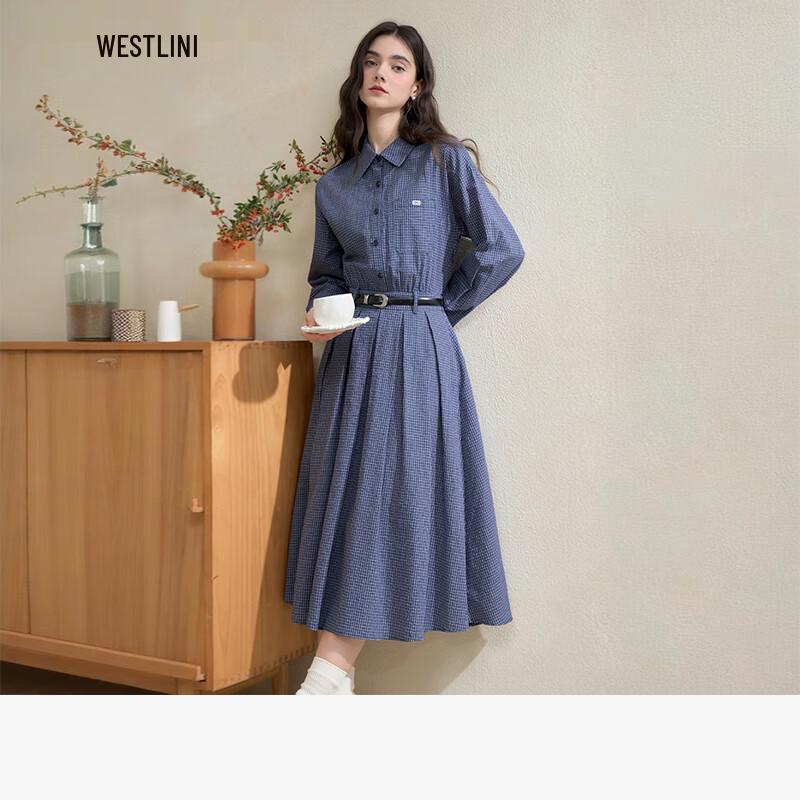 

Women s College Style Blue Plaid Pleated Shirt Dress S