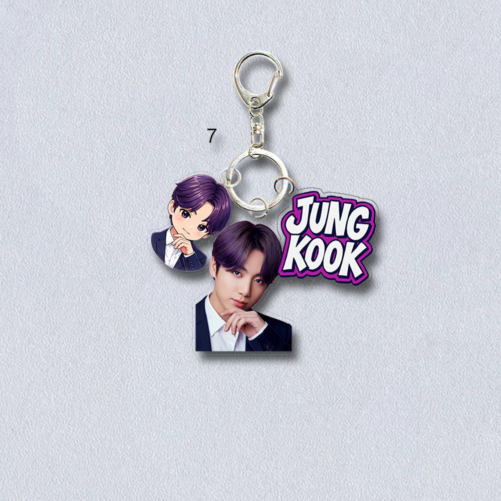 

BTS Triple-Charm Acrylic Keychain, Bangtan Boys Photo, Cartoon & Colorful Name Tag Keyring, Kpop Idol ARMY Fans Cute Bag Pendant JUNGKOOK