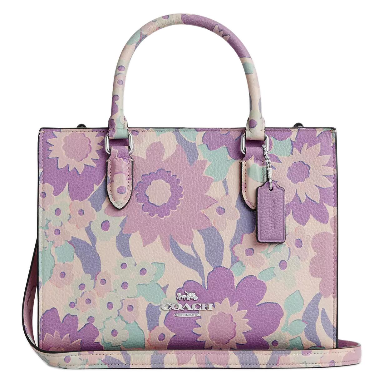 Coach Maggie 24 Floral Print Detachable Shoulder Strap Leather Tote Bag Women tote bags Light-Purple CBM08-SVIO Basic Set (Bag+Dust Bag)