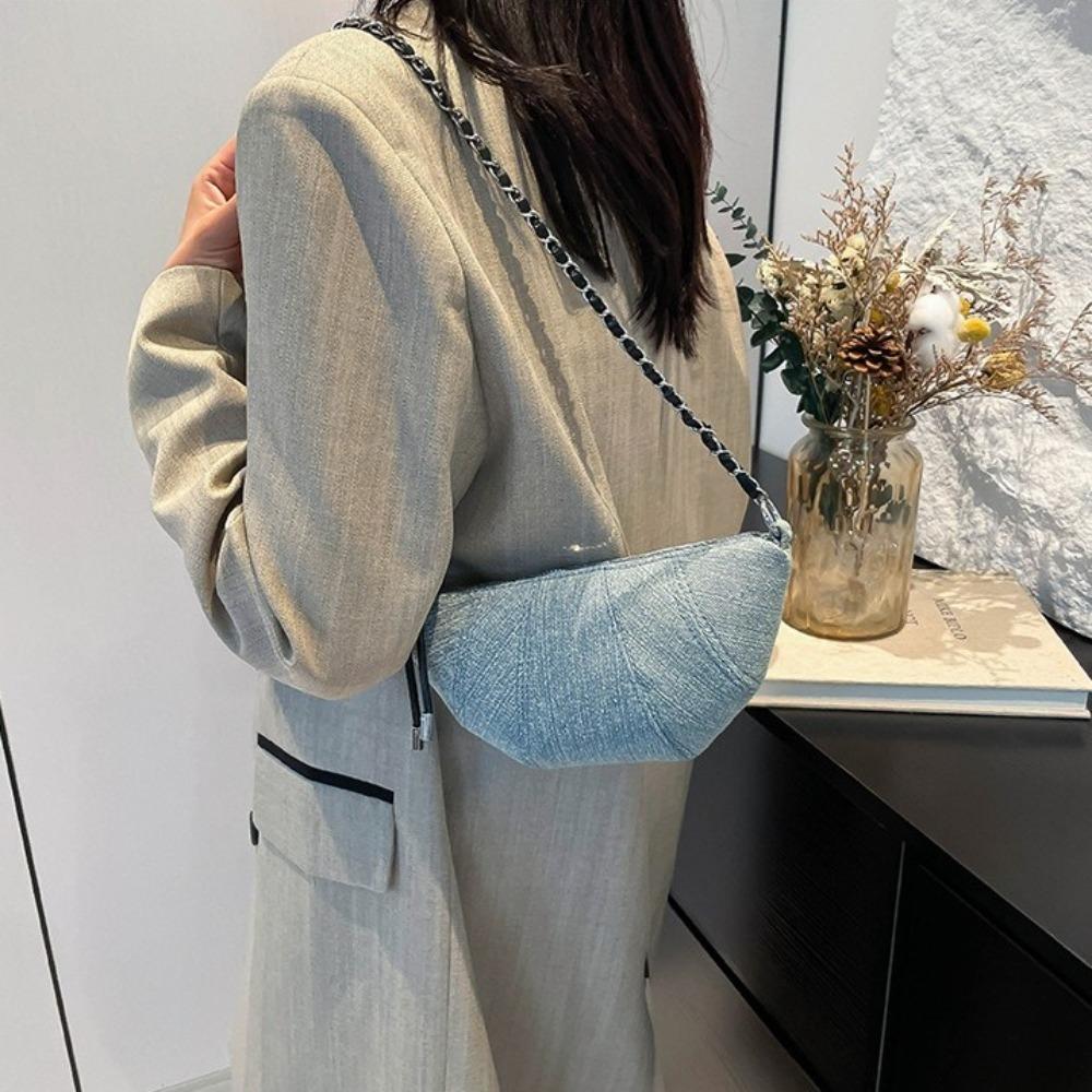 Chain Denim Dumpling Bag Half Moon Nylon Shoulder Bag Elegant Croissant Pack Satchel  Travel